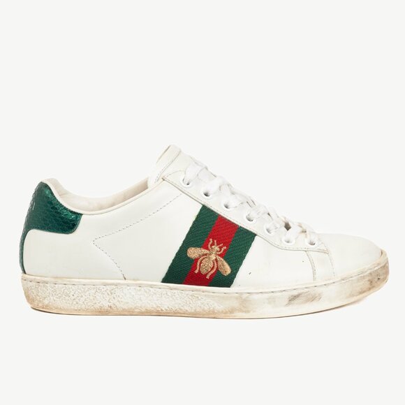 Gucci Ace Bee White Leather Lace-Up Sneakers - Picture 1 of 9